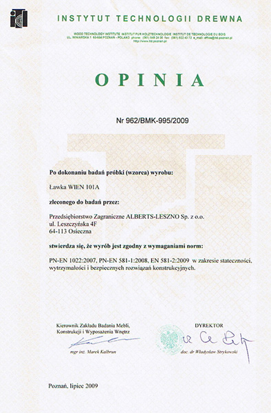certyfikat - ławki parkowej 101A