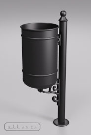 Kosz na śmieci K-1<br /> z kulka 1 i maskownicą 1<br />Wysokość 110 cm. Pojemnosć kubła - 45 litrow.<br />Moze byc wykonany w wersji z pokrywa i popielnica.